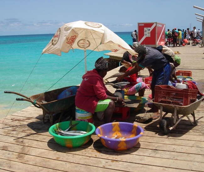Kapverdische Badeinsel Sal - Fischverkauf am-Steg in Santa Maria