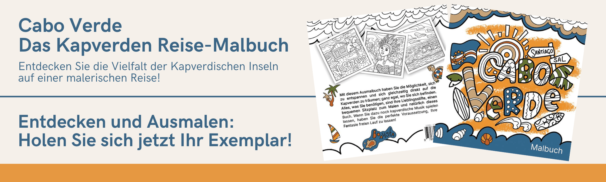 Webebanner für das das Kapverden Reise-Malbuch mit Abbildung des Bucheinbandes
